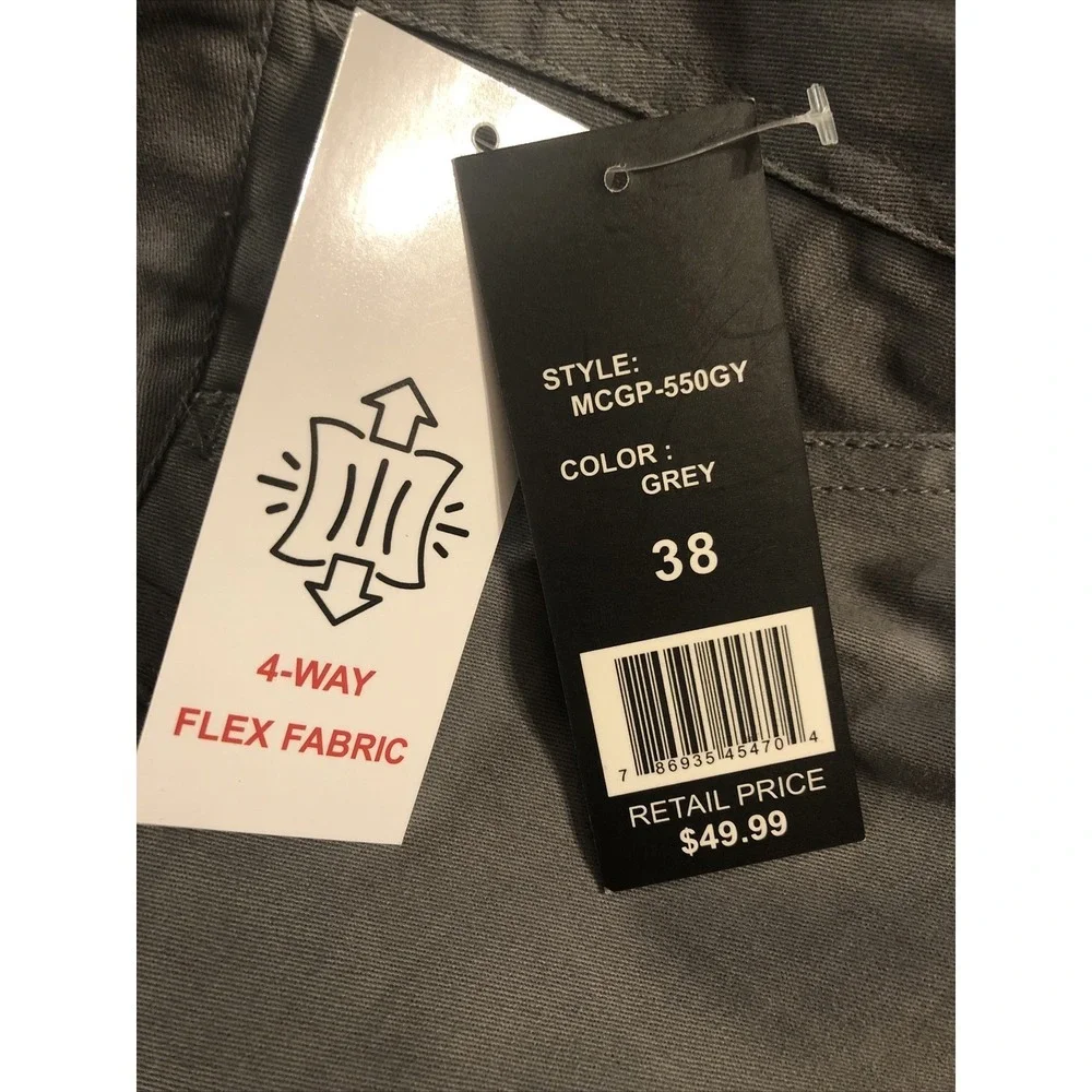 Wicked Stitch Men's 38 4 Way Flex Cargo Work‎ Active Pants Grey Flat Front NEW